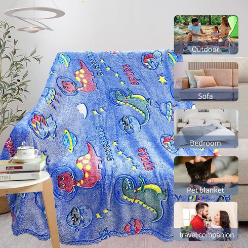 Personalized Dinosaur Blanket for Boys, Glow in The Dark Toddler Blanket, Soft Fleece Throw for Kids, Birthday 30"x 40"