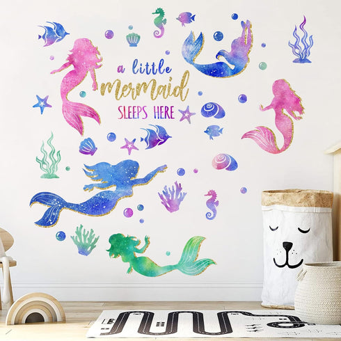 Yovkky Baby Girls Mermaid Wall Decals Stickers, Under The Sea Ocean Creatures Coastal Fish Bubble Glitter Nursery Kids