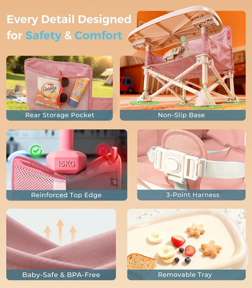 YEFAJUMP 2-Pack Portable Baby Chair, Baby Beach Chair with Interchangeable Seat Covers, Portable Booster Seat with Tray