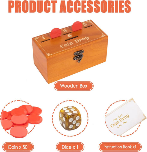 Wooden Penny Game, Coin Drop Game with 50 Coins, Wooden Game Box and 1 Dice for Family Fun Interaction