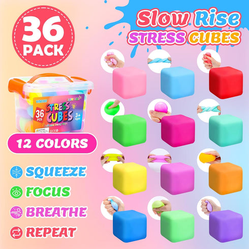 36 Pack Slow Rising Stress Cube, Dough Stress Balls Squishy Fidget Toys Bulk for Anxiety Relief, Soft Fidget Cube, Pull