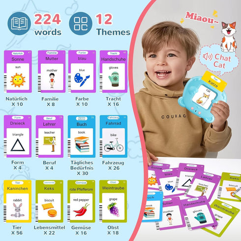 German & English Talking Flash Cards for Toddler 2-6 Years, Learning Montessori Toys with 224 Sight Words