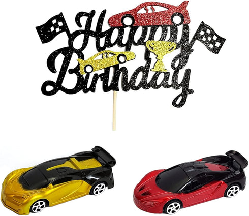 Cars Cake Topper Model Racing Car with Chequered Flag - Sports Themed Birthday Party Decor for Boys Kids
