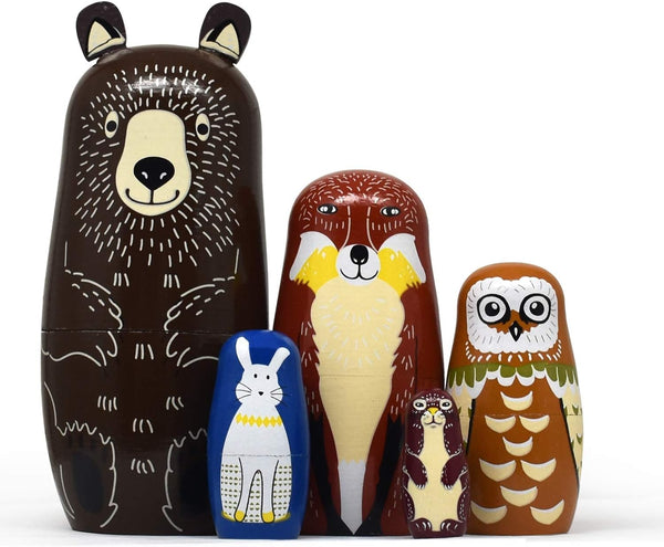 Tphon Russian Nesting Dolls Bear Wooden Matryoshka Dolls, Handmade Cartoon Animals Pattern Set of 5