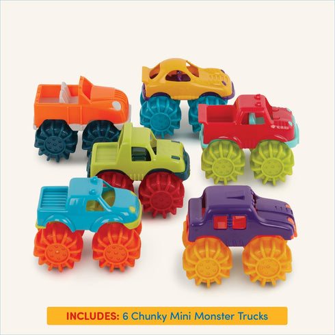 Battat Plastic Toy Cars - 6-Pack with Storage Bag, Colorful Toddler Trucks, Easy to Clean, Mini Monster Trucks for 2+