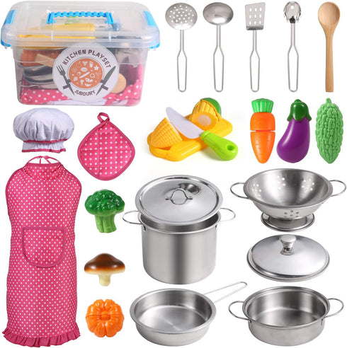 Juboury Kitchen Pretend Play Toys with Stainless Steel Cookware Pots and Pans