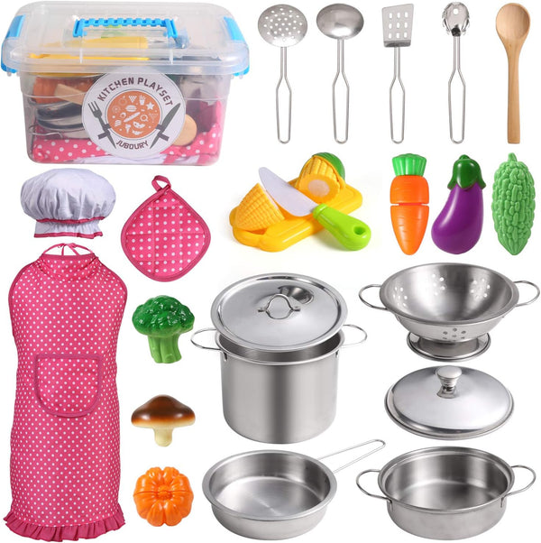 Juboury Kitchen Pretend Play Toys with Stainless Steel Cookware Pots and Pans