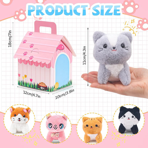 12 Set HAPGFS Pcs Mini Plush Kitty Stuffed Cats, Cat Party Favors with Keychain Gift Toys with Carton House, Kids