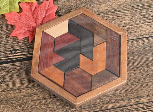 KINGOU Hexagon Tangram Puzzle, Wooden Brain Puzzles for Kids & Adults, Challenge Wooden Brain Teasers