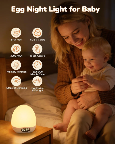 Dimmable Egg Night Light for Nursery, Portable Rechargeable Baby Nightlight with Touch Control & RGB Color Changing