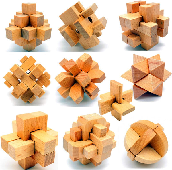 Guaishou 10-in-One 3D Small Wooden Puzzles, Kongming Lock IQ Test Toy for Teens and Adults