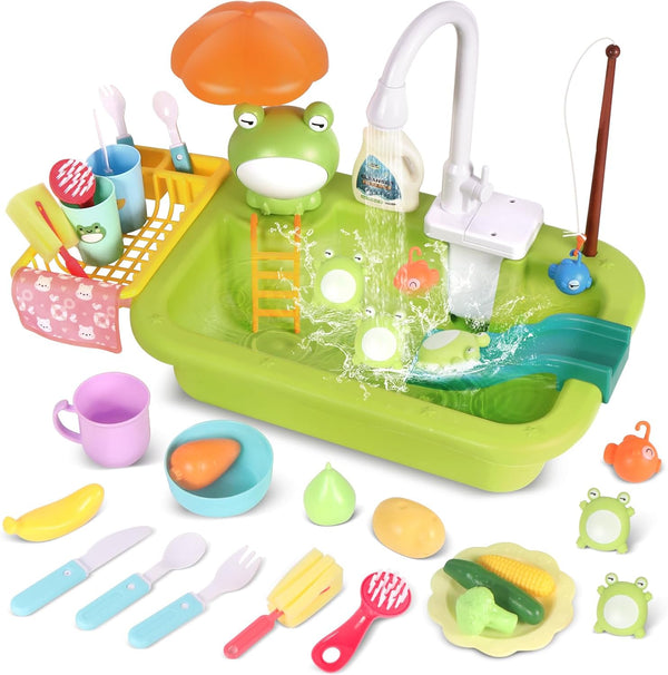 BHYDRY Play Sink with Running Water, Kitchen Sink Toy with Functional Faucet, Play