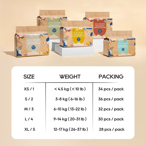 1, 34 Count, Packaging ECO BOOM Bamboo Viscose Baby Diapers, Size Soft & Absorbent Disposable Diapers for Sensitive