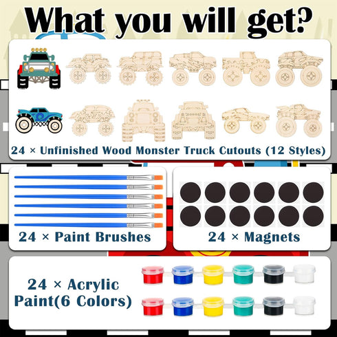 JellyArch 24 Set Pcs Monster Truck Party Favors Unfinished Wooden Truck Painting with Paints Magnets Car Party Favors