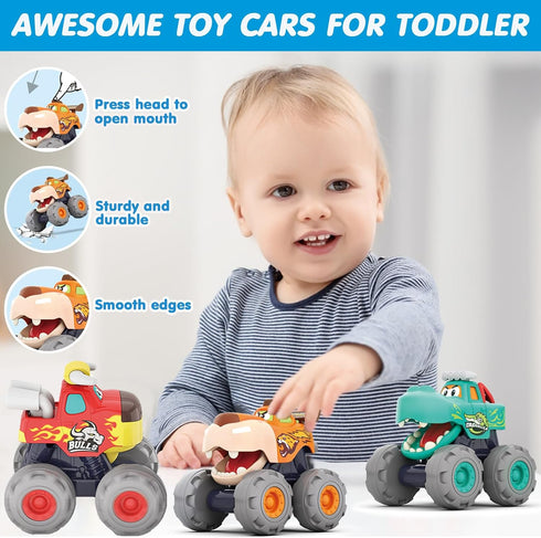 MOONTOY Toy Cars for 1 2 3 Year Old Boys, 3 Pack Friction Powered Pull Back Cars Set - Bull, Leopard, Crocodile
