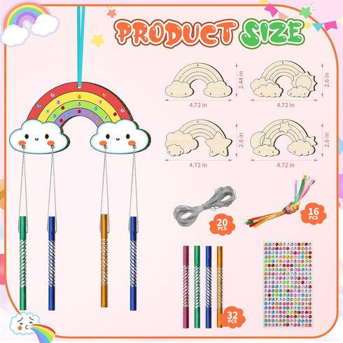 TREACLUB 12 Pack DIY Wind Chime Kit for Kids - Make Your Own Rainbow Coloring Star Moon Sun Arts and Crafts - Wooden
