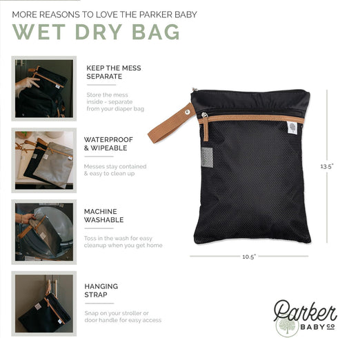 Parker Baby Cloth Diaper Wet Dry Bag, Waterproof Reusable Bag with Mesh Organizer and Zippered Pocket, Black