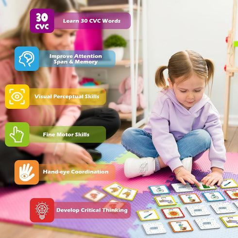 CVC Word Match Game, Memory Game, 60 Pcs Toddler Card Games for Kids Ages 3-6, Phonics Flash Cards for Preschool