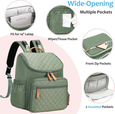 Backpack LORADI Lightweight Diaper Bag with Stroller Clips, Insulated Pockets, Baby Shower Essentials (Classic, Green)
