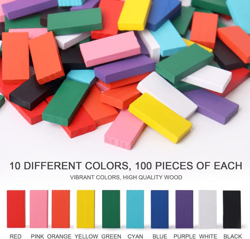 1000 PCS Dominoes Set with Extra 11 Add-on Blocks, 10 Colors Racing Tile Games Educational Toy for Kids Birthday Party