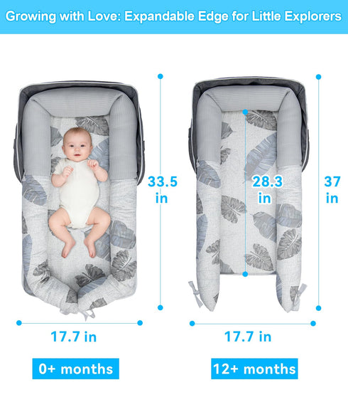 0-12 Baby Lounger, Portable Foldable Travel Lounger for Newborn Month, Washable Lightweight Infant Nest with Canopy