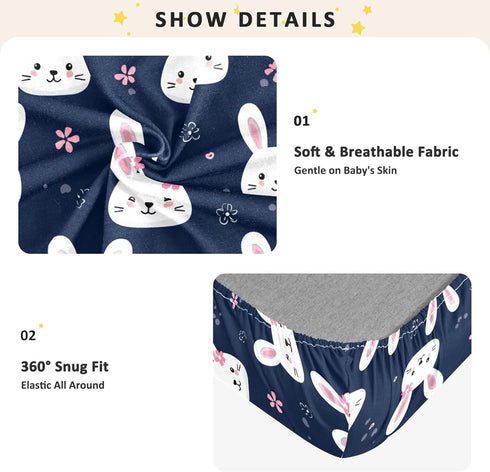 Mazeann 52" 28" 9" Rabbit Face Easter Crib Sheets Soft Breathable Fitted Cotton Baby Crib Sheets Mattress Cover
