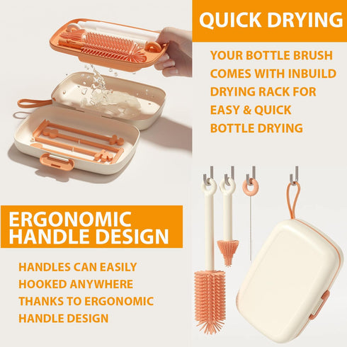 Travel Bottle Cleaner Kit, 7 in 1 Baby Travel Essential Silicone Brush Set, Nipple, Drying Rack, Straw, Organizer Case