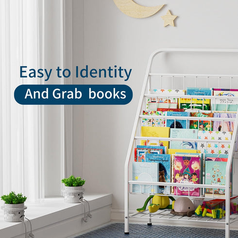 4-Tier (28.35" JAQ White Kids Bookshelf, Metal Book Display Rack for Small Spaces, Modern Toddler Bookshelf for Nursery