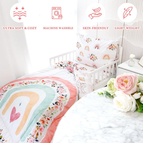 Sets Set 4 Set Toddler Bedding for Girls, Rainbow Toddler Crib Bedding Piece Pink Floral Toddler Comforter Includes