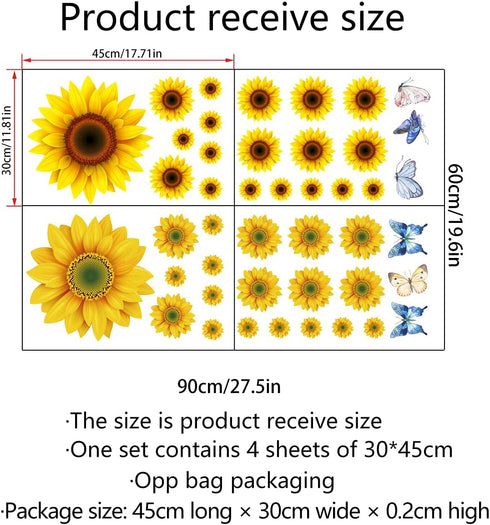 Sunflower Wall Stickers with 3D Butterfly, Removable Yellow Flower Wall Decals, Waterproof Mural for Nursery Kids