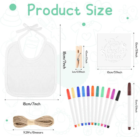 110 Set 24 12 24 50 1 Pcs DIY Baby Bibs Decorating Includes White Bibs, Fabric Markers, Stencils, Clothespins, Hemp