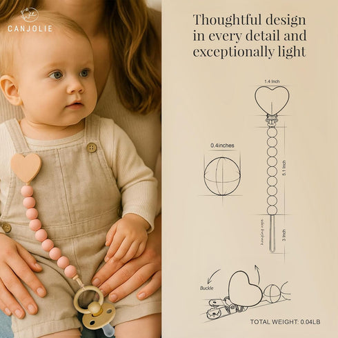 Canjolie 2 Pack Wood Paci Clips for Baby Girl, Premium Flexible Bead Design, Universal Fit, Safe Pacifier Holder