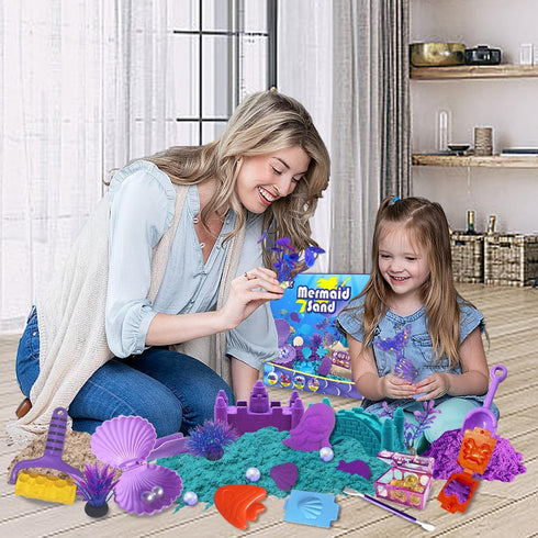 60Pcs Set 2lbs 17 12 3-8 Mermaid Sensory Bin Kit - Sensory Sand with (Purple/Teal/Beach), Sea Castle & Marine Molds