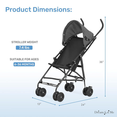 3-Point Dream On Me Aero Travel Umbrella Stroller, One-Hand Quick Fold, Safety Harness, Dual Brakes, Adjustable