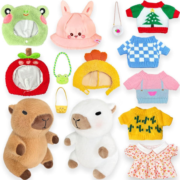 2 Capybara Plush with 12 pcs Clothes & Accessories, Dress Up Capybara