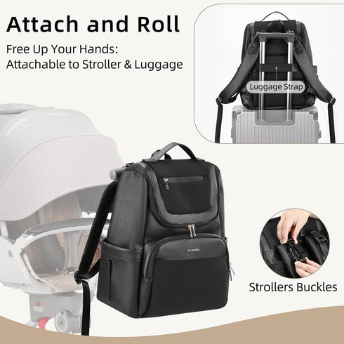 vosmles Backpack, Large Leather Diaper Bag Baby Travel Bag with Changing Pad, Insulated Pockets, Stroller Straps
