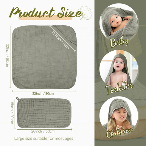 VitalCozy 12 (32 32 Inch,Earthy Pcs Baby Muslin Hooded Bath Towels and Washcloths Muslin Cotton Hooded Baby Towels