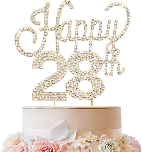 LINGTEER Happy 28th Birthday Gold Rhinestone Cake Topper - Cheers to 28th Birthday Anniversary Party Centerpieces
