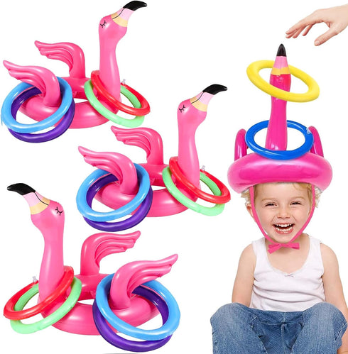 Camlinbo 15 Pcs Inflatable Flamingo Pool Toys, Ring Toss Pool Game, Hawaiian Beach Toys for Kids Adults
