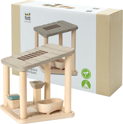 PlanToys Wooden Dollhouse Bathroom Room Set | Bath, Toilet, Sink & Accessories