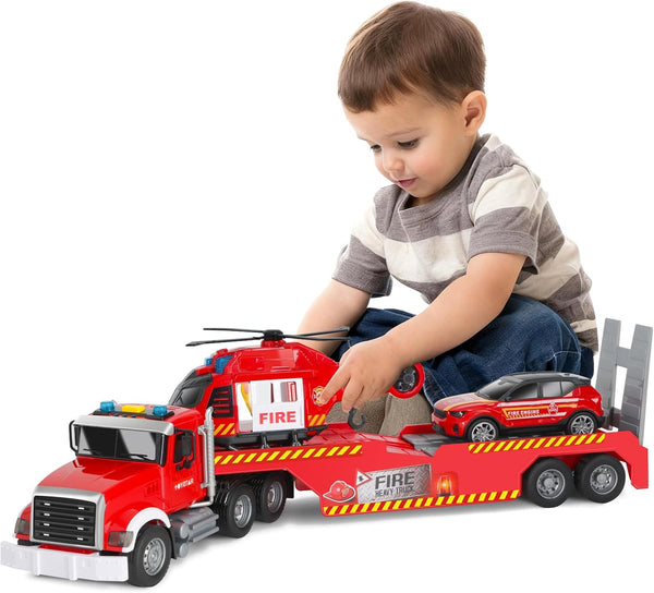 Fire Rescue Semi Trailer Truck Toy, Large Flatbed Truck Carrier with Rescue