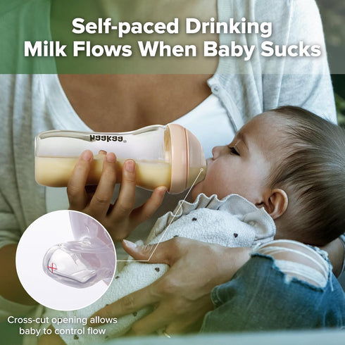 Gen.3 11oz/1PK 6m+ haakaa Natural Glass Baby Bottle - Wide Neck Anti-Colic Variable Flow Nipple,Easy to Clean & Latch