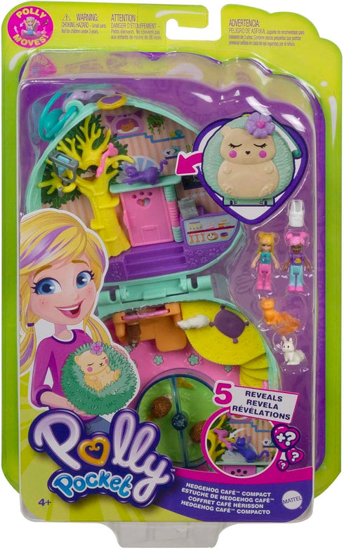 Polly Pocket Compact Playset, Hedgehog Cafe with 2 Micro Dolls & Accessories, Travel Toys with Surprise Reveals
