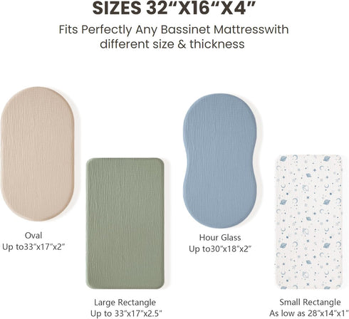 2 Pack 100% 32 16 inches Konssy Muslin Bassinet Sheets for Boys, Girls, Cotton Soft Breathable Fitted Bassinet Mattress