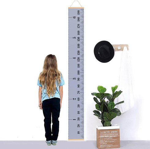 Kids Growth Chart - Wood Frame Fabric Canvas Height Measurement Ruler, 7.9 x 79in, Gray