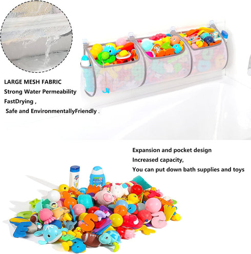 Bathtub Toy Holder, Mesh Bath Toy Storage for Kids Ages 4-8, 30"x8.7" Quick Drying Bath Toys