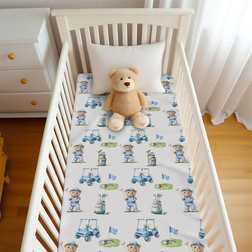 Wicbfdfv 52x28x9 Cute Bear Golf Cart Blue Baby Crib Sheet for Boys Girls in Bears Sport Golfing Flag Club Fitted Crib