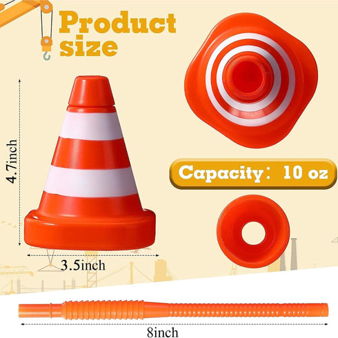 8 Pack 10 oz Set Sawysine Construction Cone Cups with Straws Bulk, Traffic Cones Party Favor Plastic Reusable Kids Race