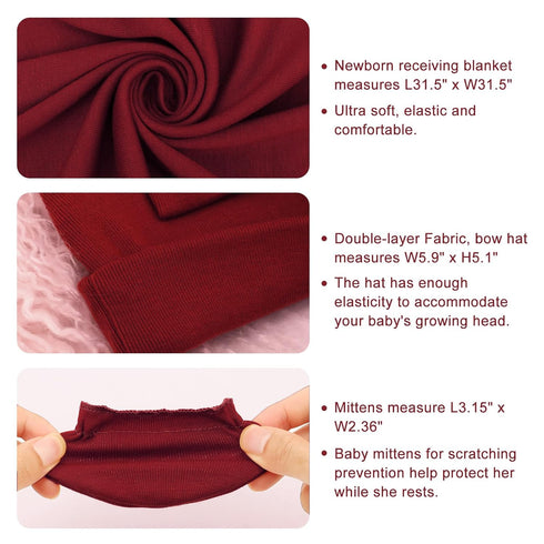DRESHOW BQUBO Newborn Receiving Blanket Bow Hat Gloves Set, Cotton Warm Baby Swaddle Blanket Wrap, Shower Gift