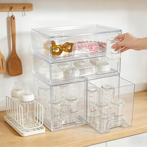 4 Pack Countertop MINMUNJIU Baby Bottle Organizer, Clear Space-Saving Stackable Drawer with Handle, Baby Bottle Storage